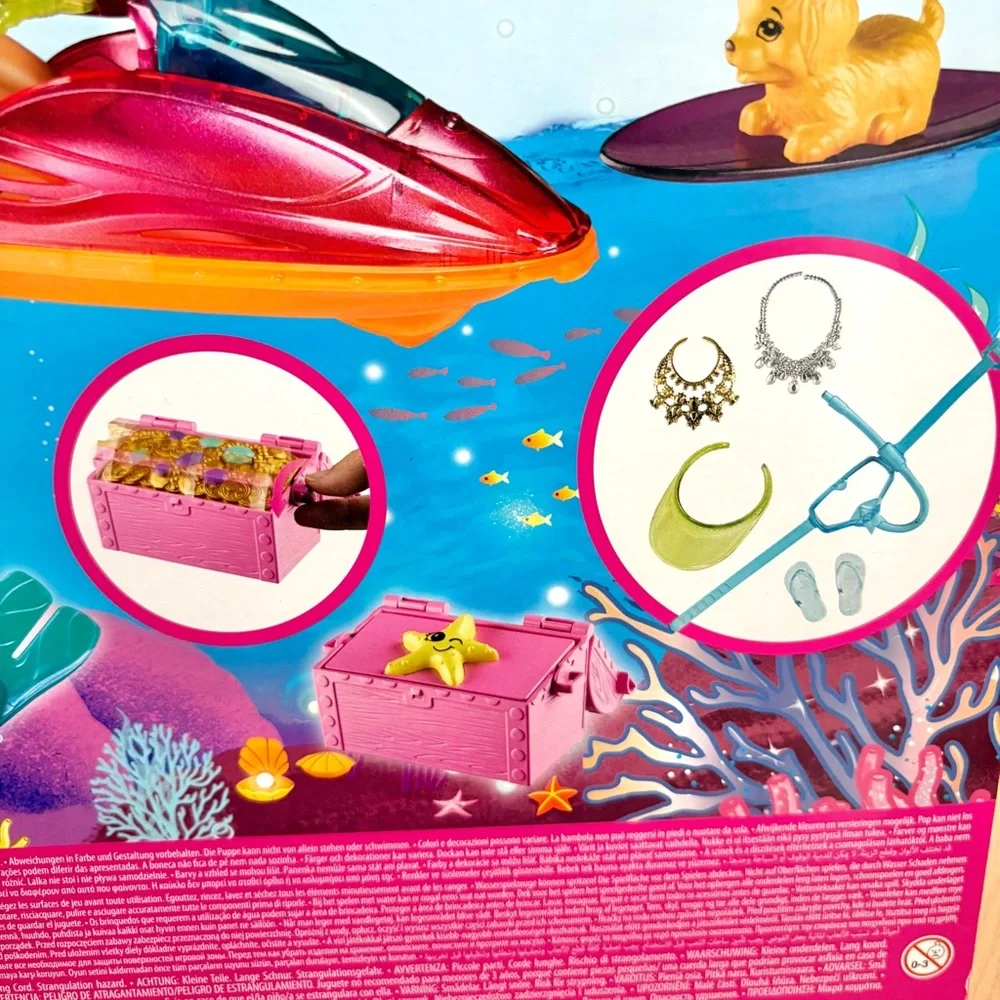 Barbie Beach Doll w/ Jet Ski Snorkel Fins + Puppy & Dolphins Dreamtopia NEW